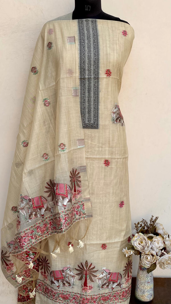 Designer Embroidered Suit Length 3 Piece Cream Mal Chanderi