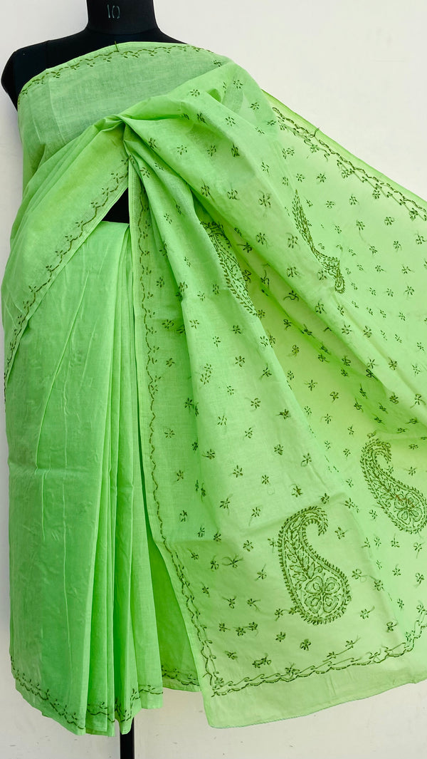 Lucknowi Chikankari Saree Green Cotton
