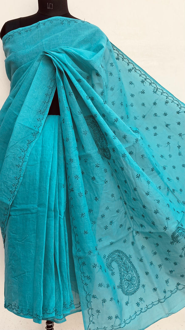 Lucknowi Chikankari Saree Green Cotton