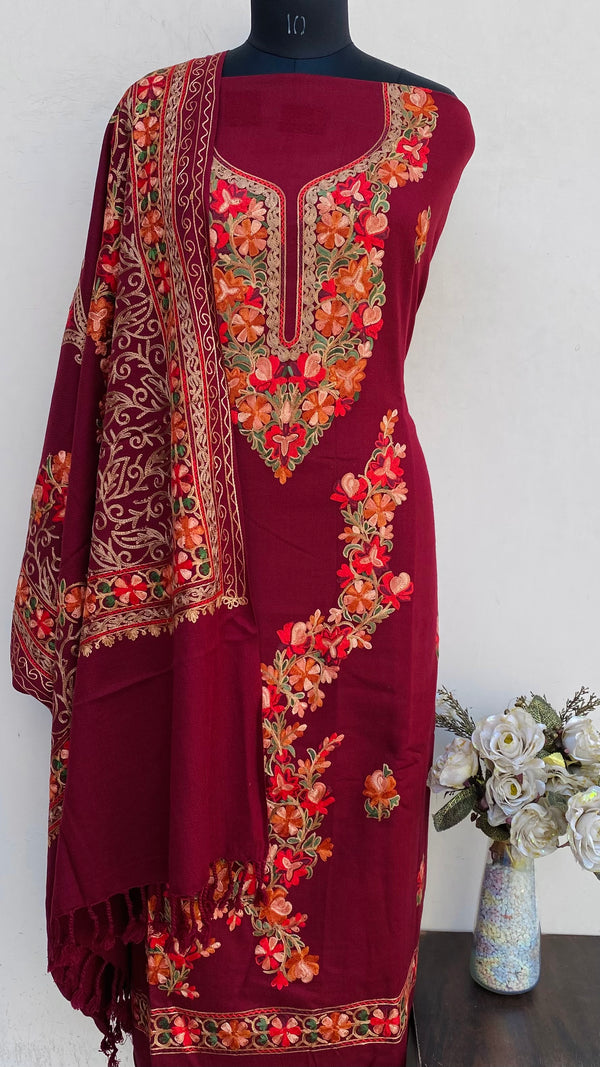 Maroon Woollen Pashmina Suit Length 3 Piece With Embroidered Woollen Pashmina Shawl
