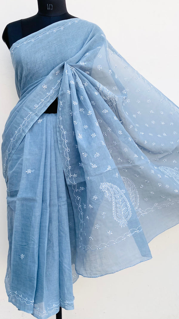 Lucknowi Chikankari Saree Gray Cotton