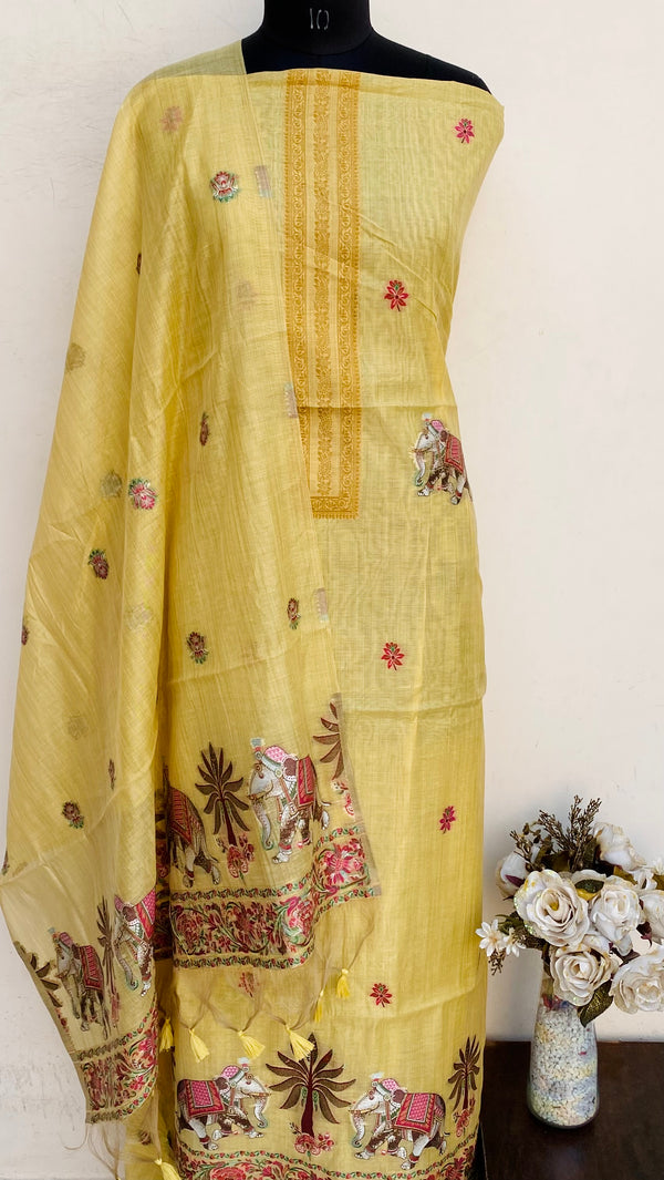 Designer Embroidered Suit Length 3 Piece Beige Mal Chanderi