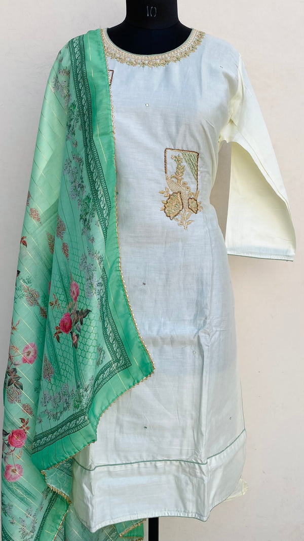 Designer Embroidered Suit Length 3 Piece Cream Muslin Cotton With Cutdana Work