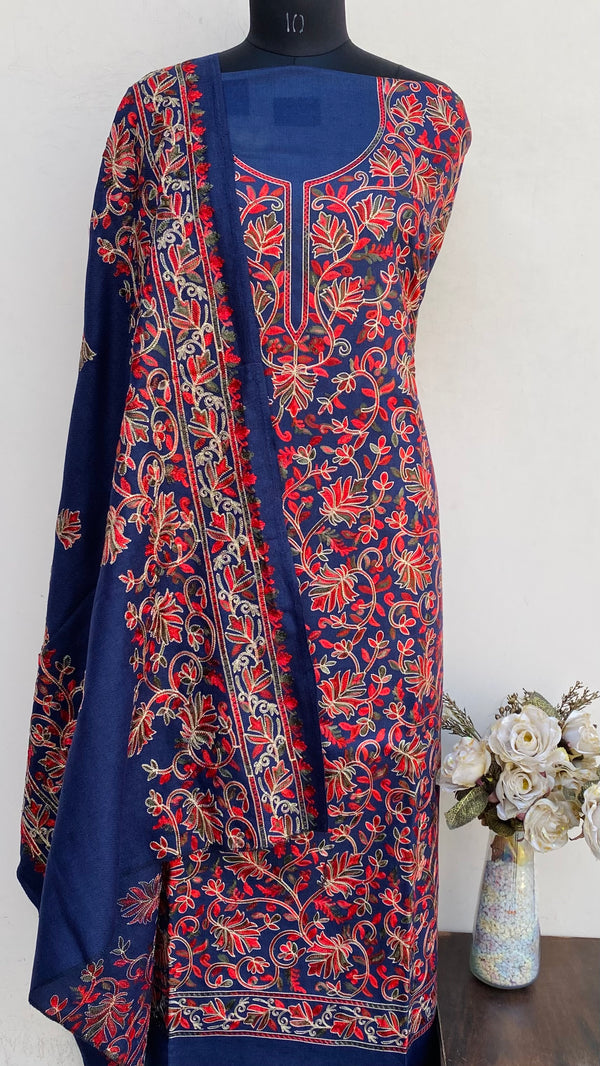 Navy Blue Woollen Pashmina Suit Length 3 Piece With Woollen Shawl