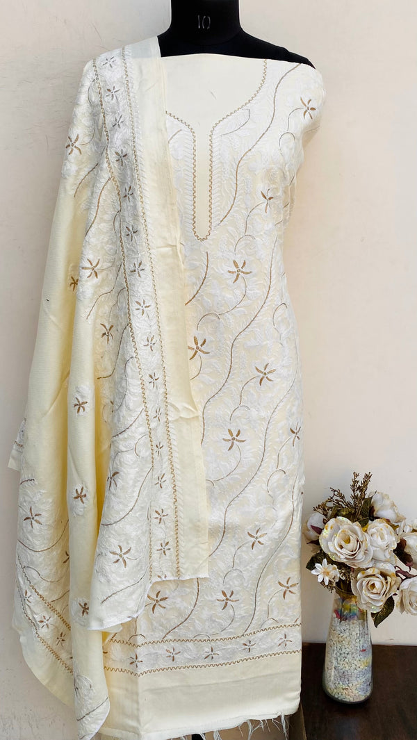 Cream Woollen Pashmina Suit Length 3 Piece With Embroidered Woollen Pashmina Shawl