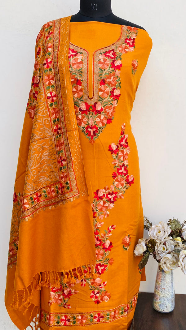Mustard Woollen Pashmina Suit Length 3 Piece With Embroidered Woollen Pashmina Shawl
