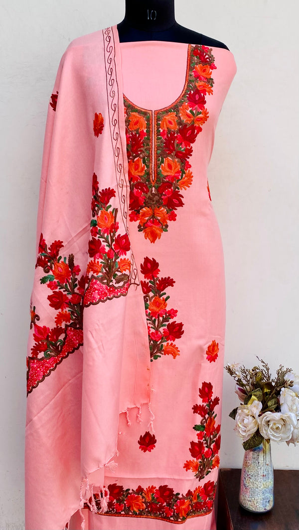 Pink Woollen Pashmina Suit Length 3 Piece With Embroidered Woollen Pashmina Shawl