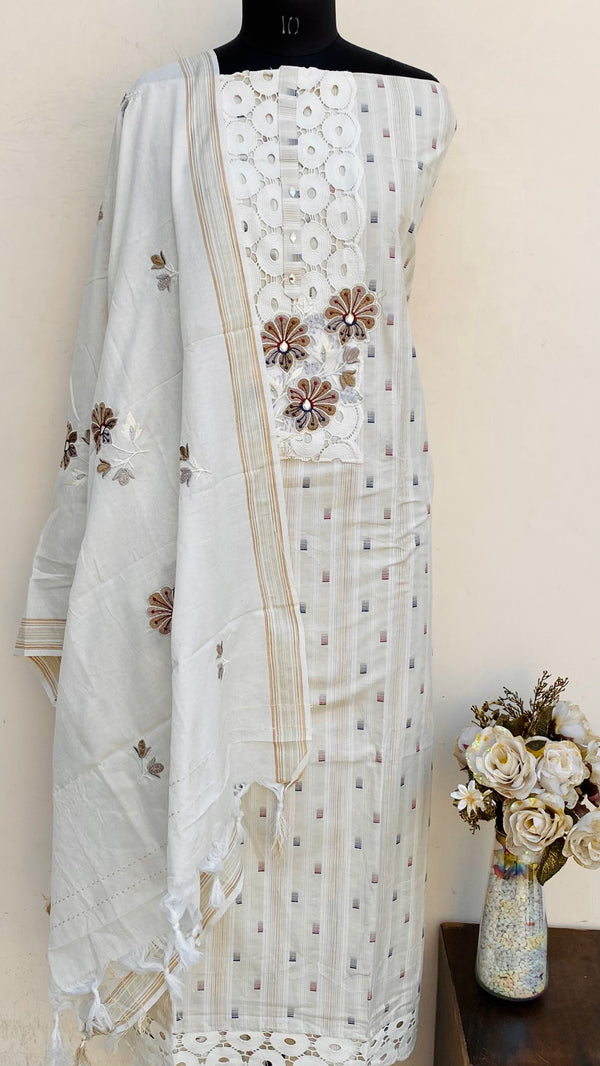 Designer Embroidered Suit Length 3 Piece Cream Mal Cotton With Mirror Work