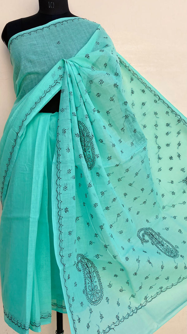 Lucknowi Chikankari Saree Green Cotton