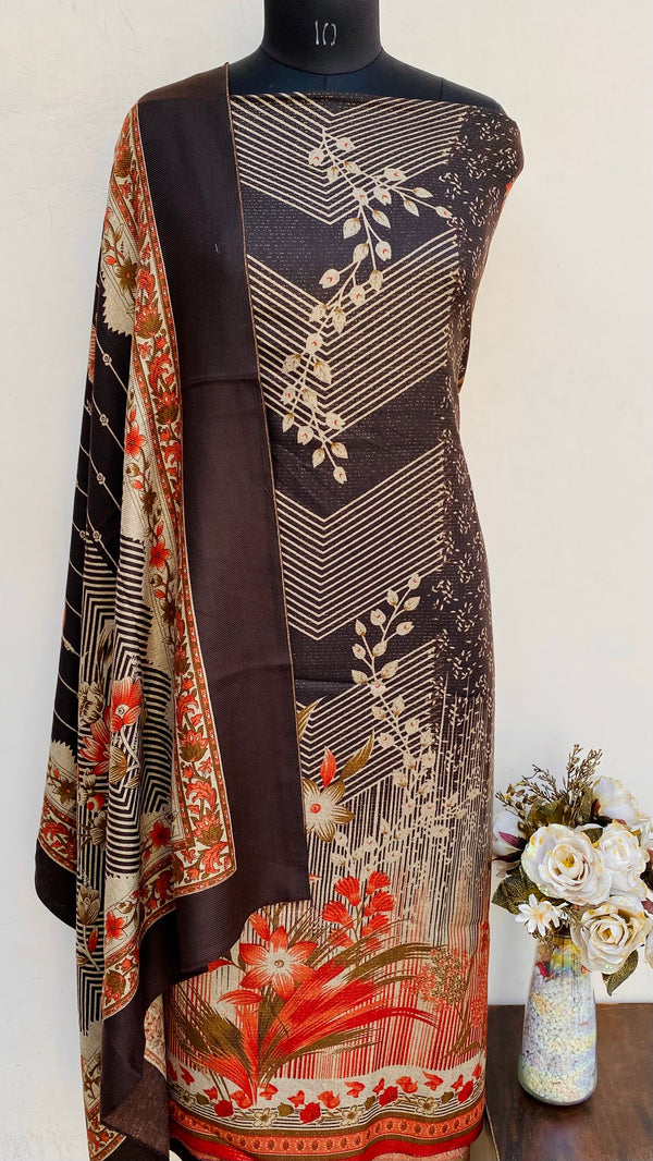 Brown Woollen Pashmina Suit Length 3 Piece With Woollen Pashmina Shawl