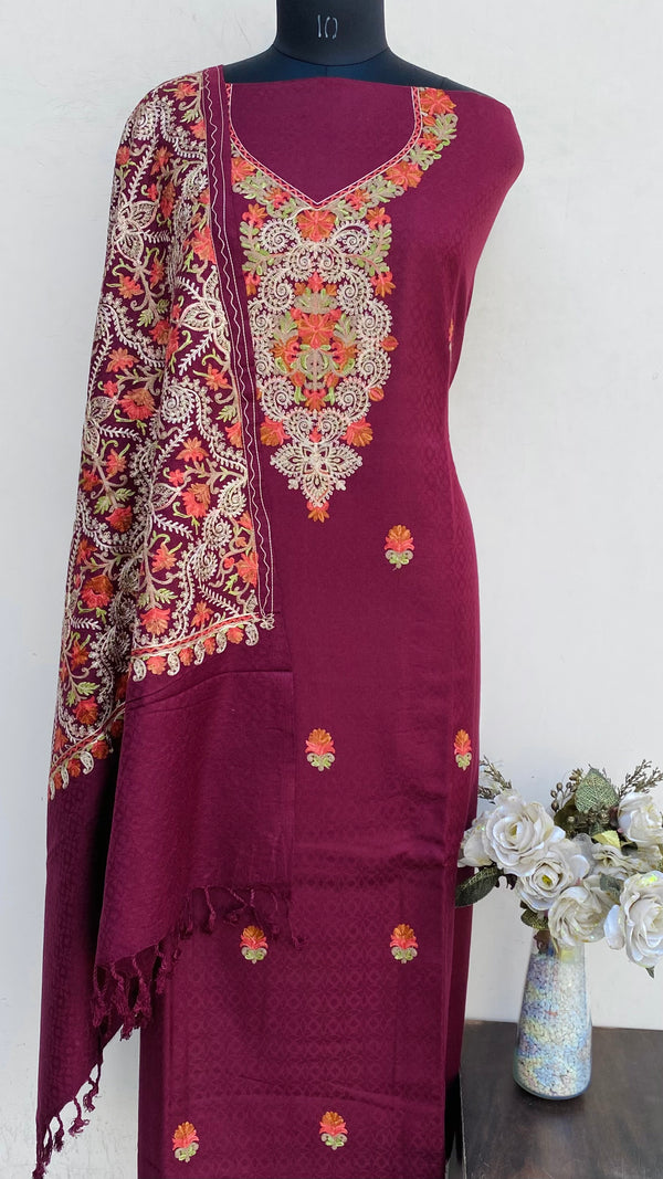 Maroon Woollen Pashmina Suit Length 3 Piece With Embroidered Woollen Pashmina Shawl