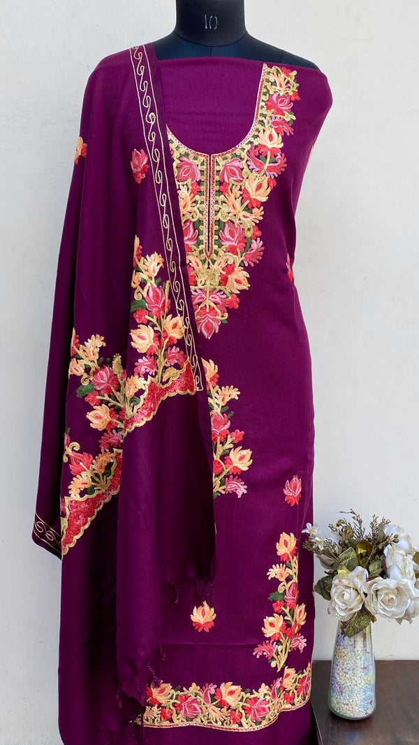 Wine Woollen Pashmina Suit Length 3 Piece With Embroidered Woollen Pashmina Shawl