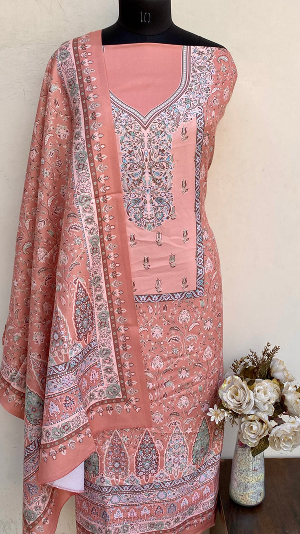 Peach Woollen Pashmina Suit Length 3 Piece With Woollen Pashmina Shawl
