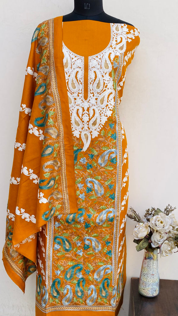 Rust Woollen Pashmina Suit Length 3 Piece With Embroidered Woollen Pashmina Shawl