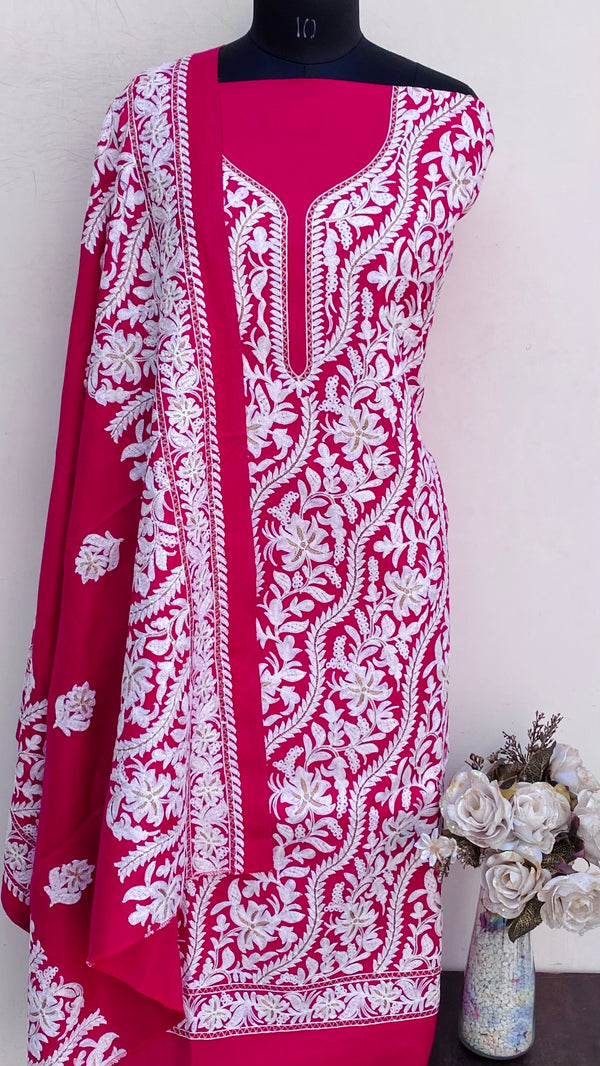 Pink Woollen Pashmina Suit Length 3 Piece With Embroidered Woollen Pashmina Shawl