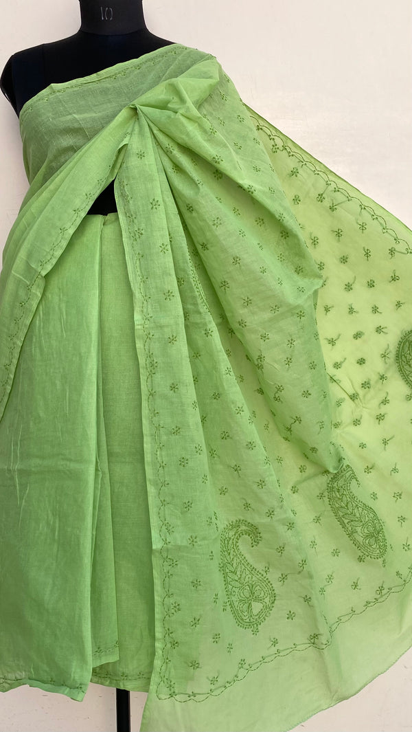 Lucknowi Chikankari Saree Green Cotton