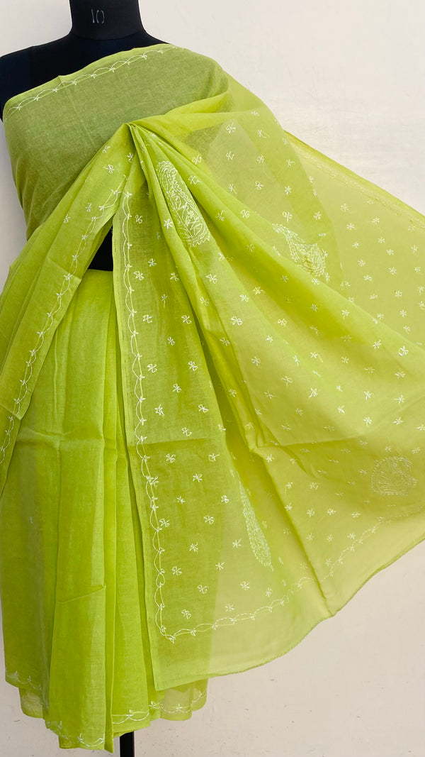 Lucknowi Chikankari Saree Parrot Green Cotton