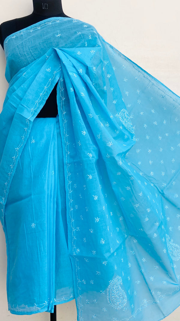 Lucknowi Chikankari Saree Blue Cotton