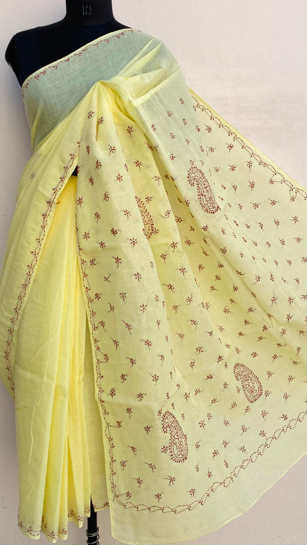 Lucknowi Chikankari Saree Lemon Yellow Cotton