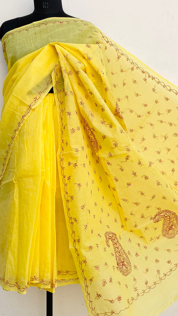 Lucknowi Chikankari Saree Yellow Cotton