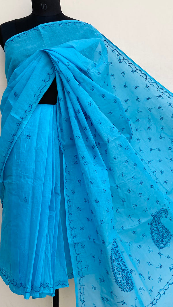 Lucknowi Chikankari Saree Blue Cotton