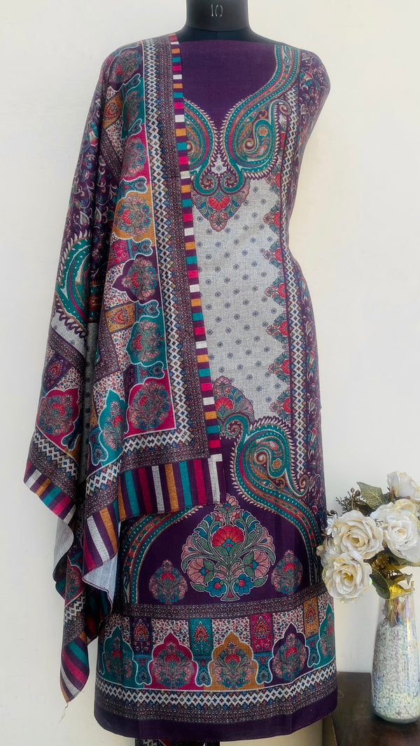 Purple Woollen Pashmina Suit Length 3 Piece With Woollen Pashmina Shawl