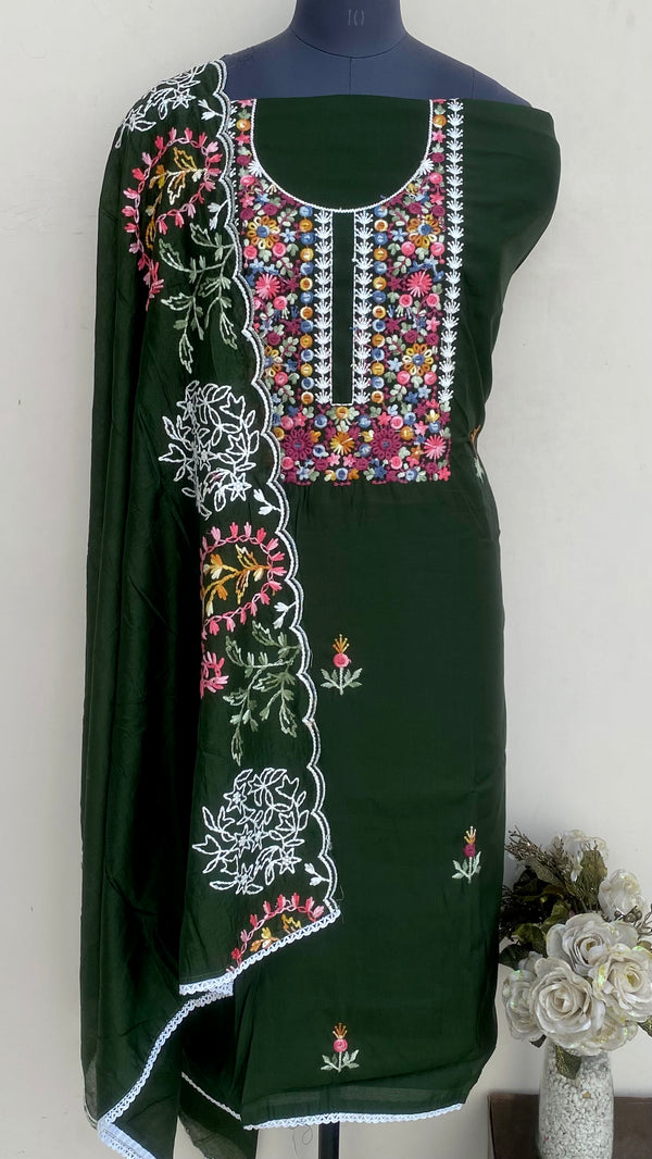 Designer Embroidered Suit Length 3 Piece Bottle Green Mal Cotton With Parsi Work