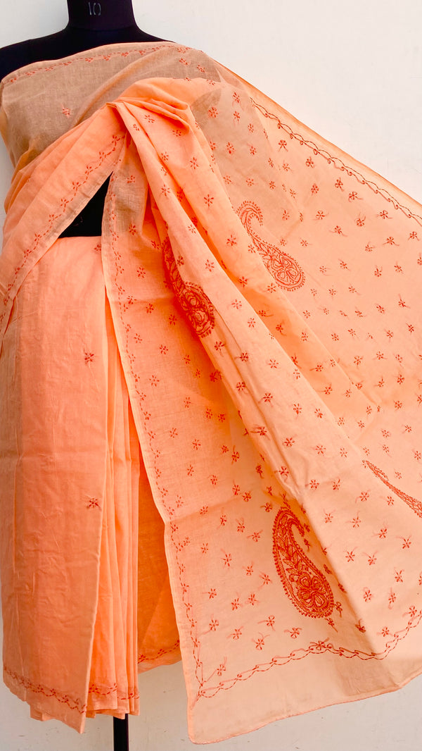 Lucknowi Chikankari Saree Peach Cotton