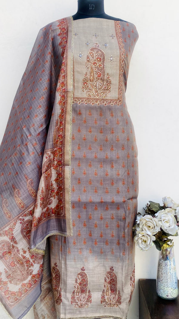 Designer Embroidered Suit Length 3 Piece Gray Mal Chanderi With Stone & Mirror Work