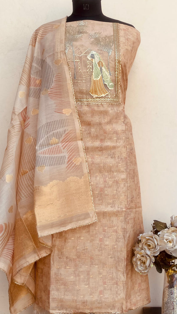Designer Embroidered Suit Length 3 Piece Beige Mal Chanderi With Sequence Work