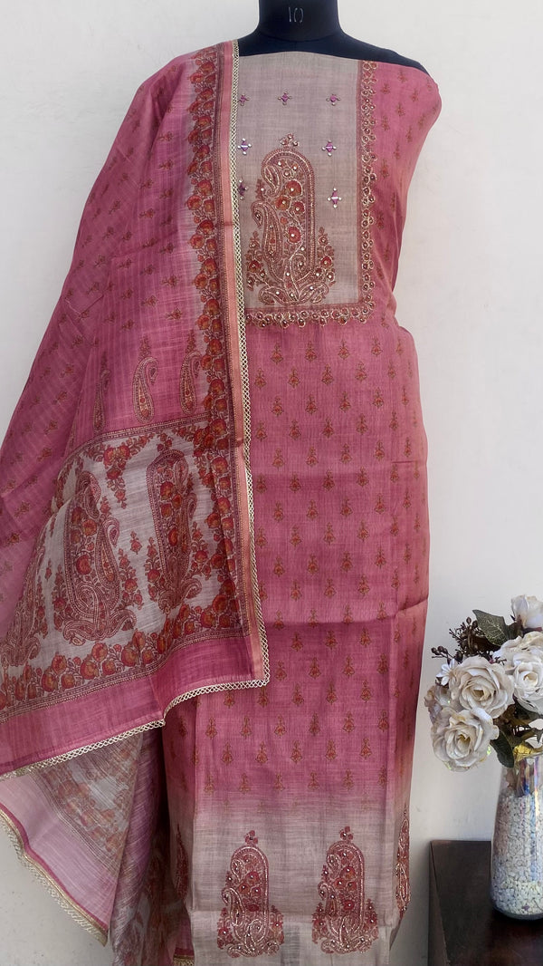 Designer Embroidered Suit Length 3 Piece Copper Mal Chanderi With Stone & Mirror Work