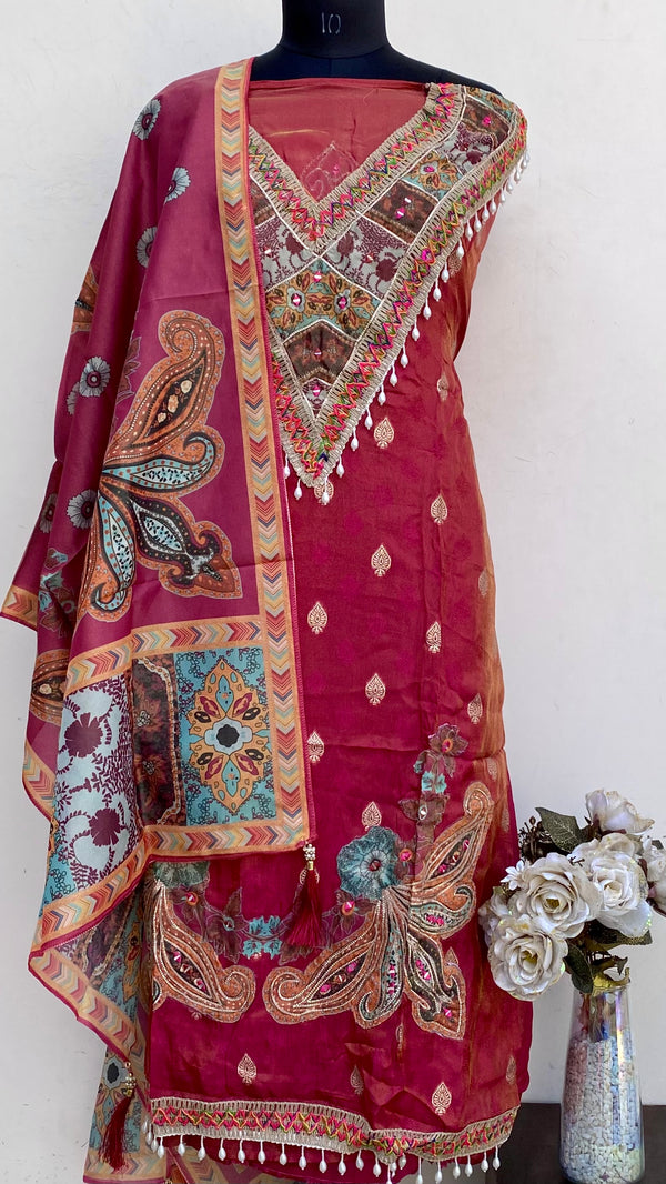 Designer Embroidered Suit Length 3 Piece Copper Mal Chanderi With Mirror & Pearl Work