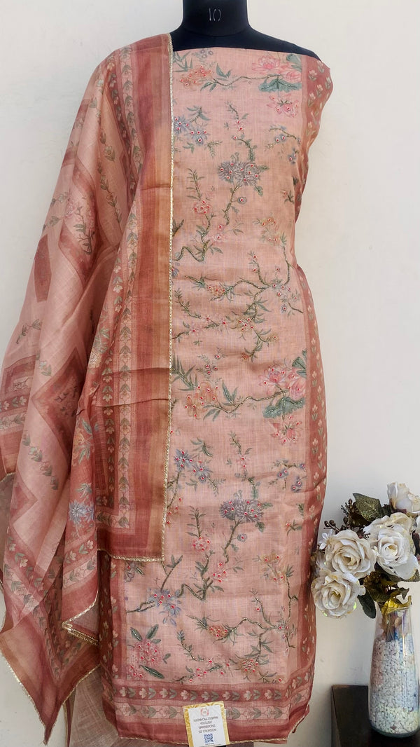 Designer Embroidered Suit Length 3 Piece Brown Mal Chanderi With Cutdana & Pearl Work