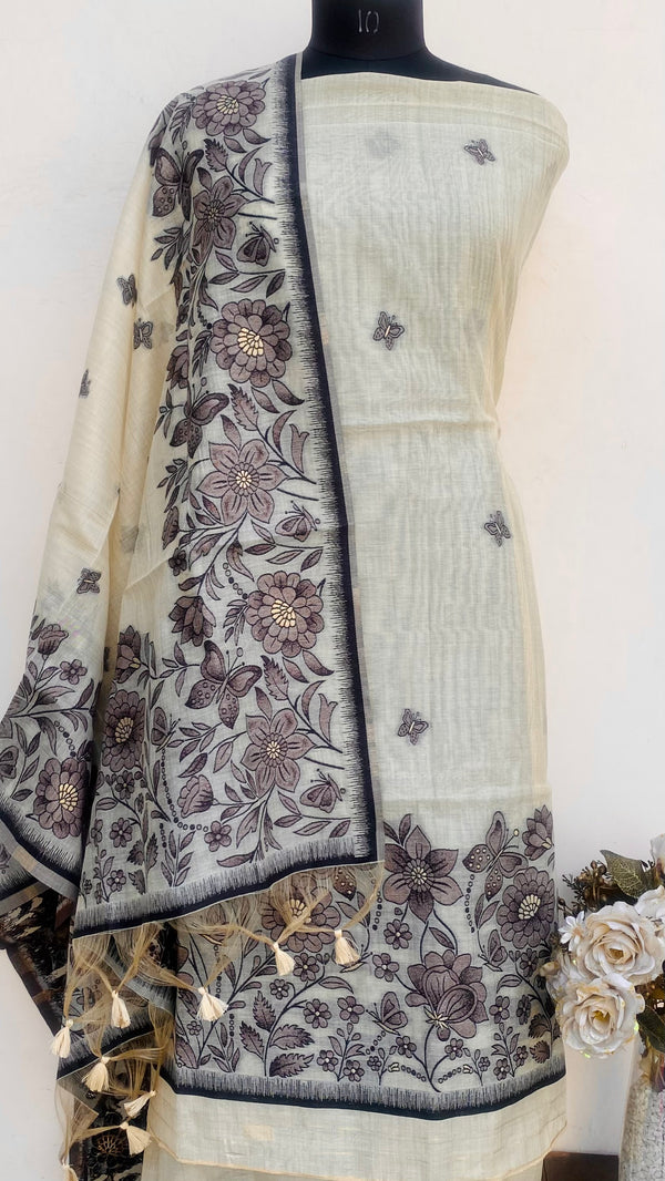 Designer Embroidered Suit Length 3 Piece Beige Mal Chanderi