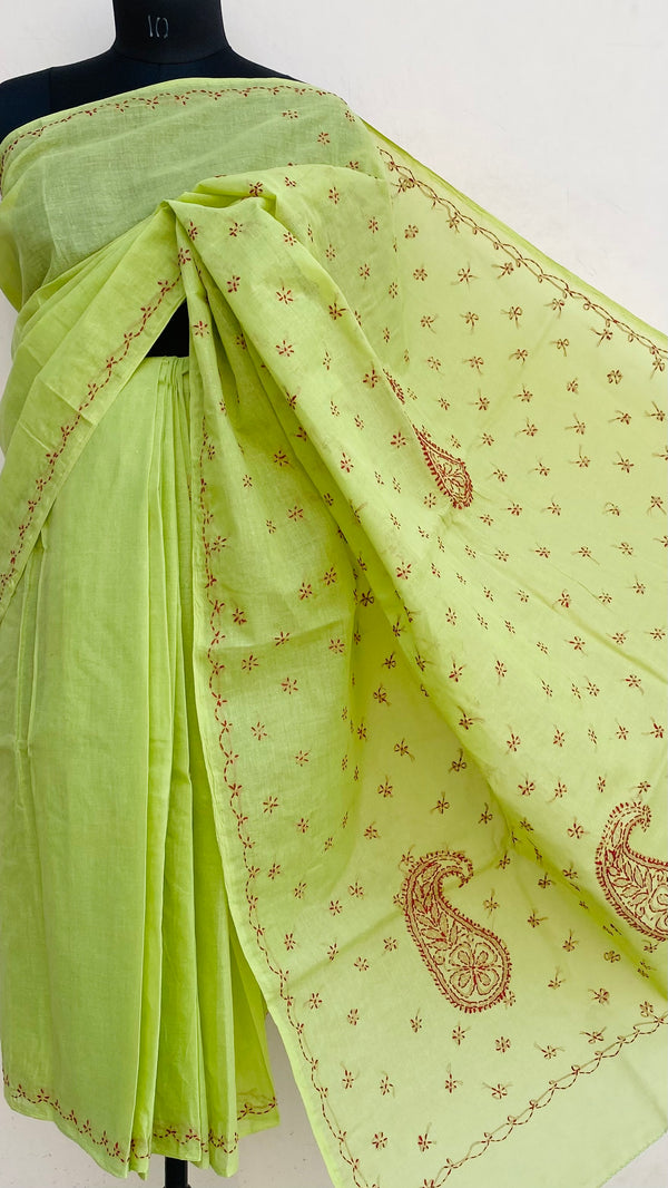 Lucknowi Chikankari Saree Parrot Green Cotton
