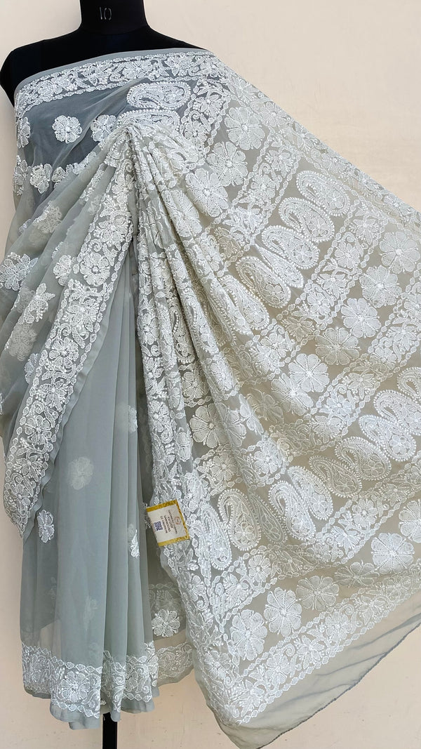 Lucknowi Chikankari Saree Gray Georgette