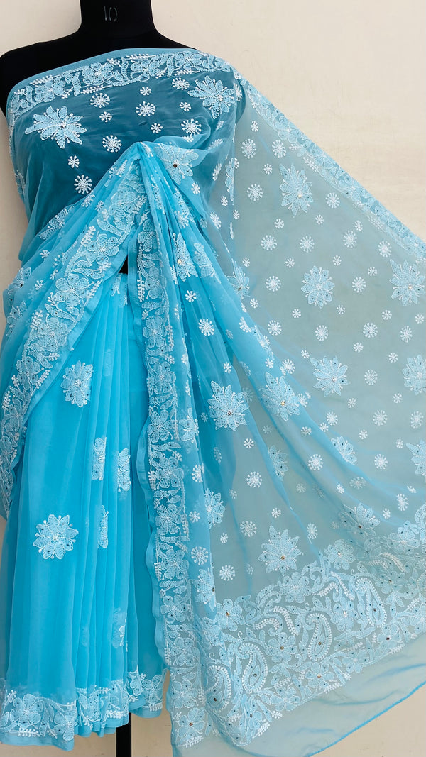 Lucknowi Chikankari Saree Blue Georgette With Mukaish Work