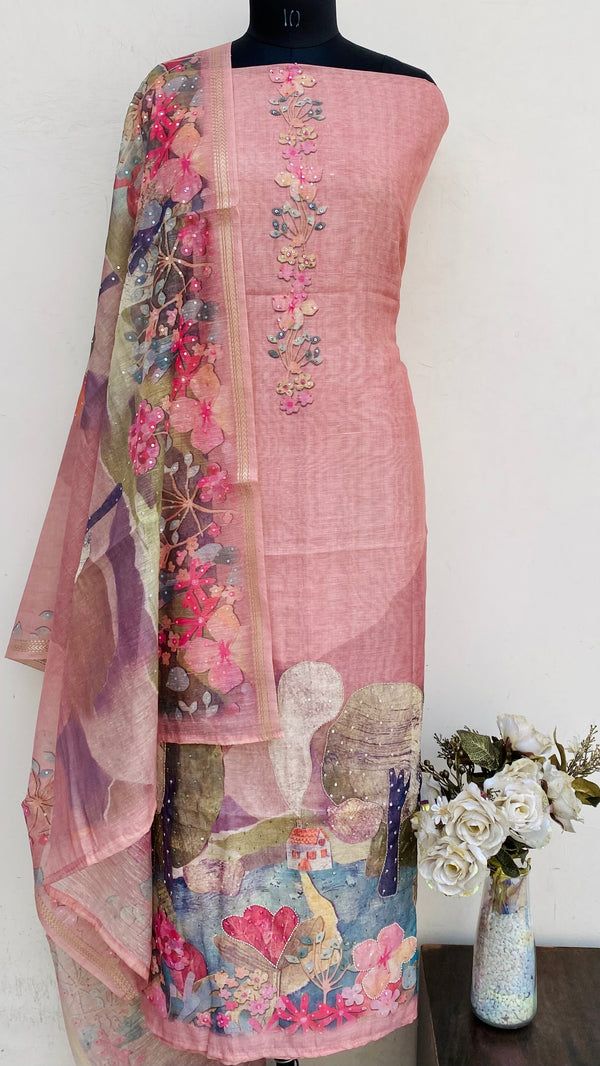 Designer Embroidered Suit Length 3 Piece Copper Mal Chanderi With Pearl, Cutdana & Sequence Work