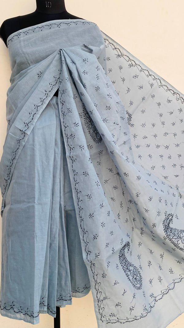 Lucknowi Chikankari Saree Gray Cotton