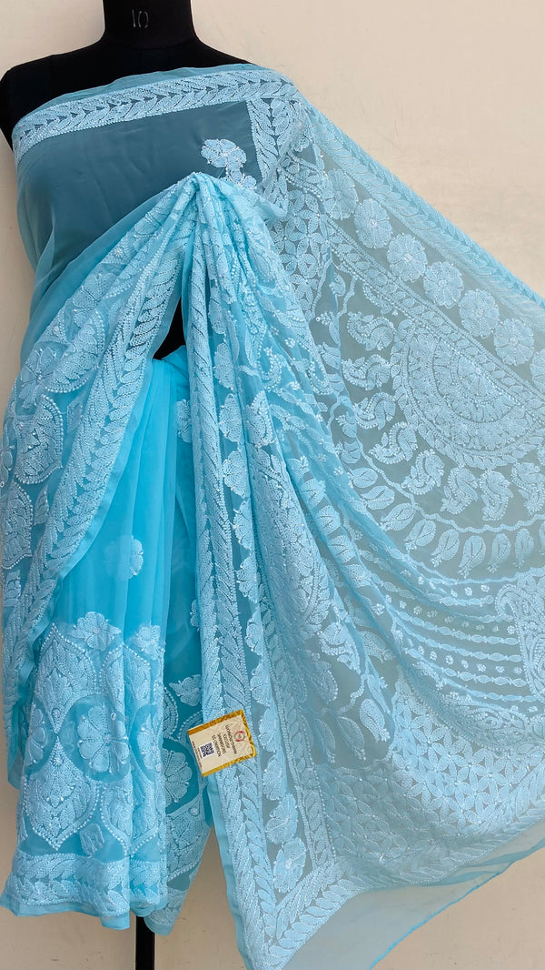 Lucknowi Chikankari Saree Blue Georgette
