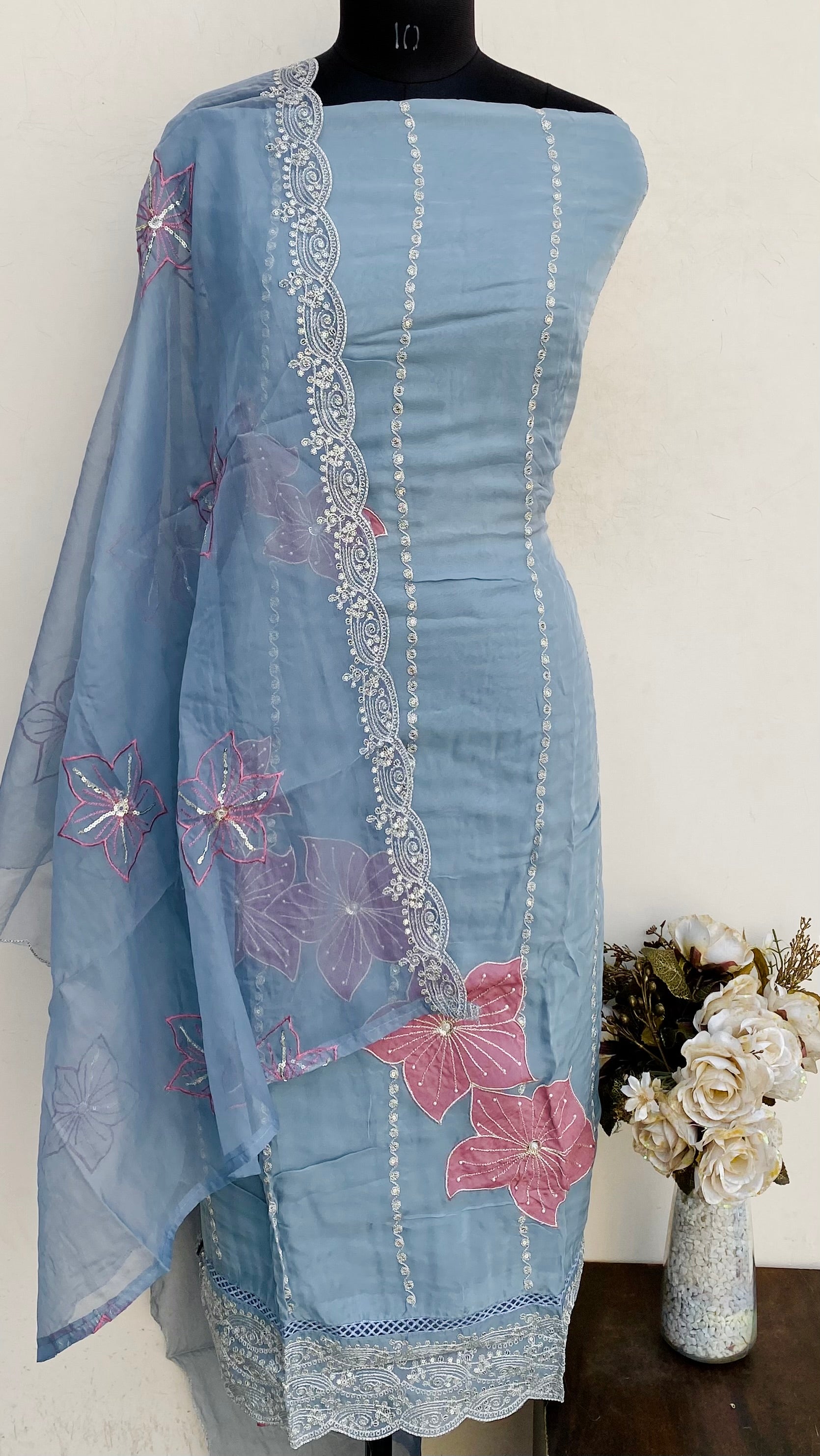 Designer Embroidered Suit Length 3 Piece Gray Organza With Pearl & Seq ...