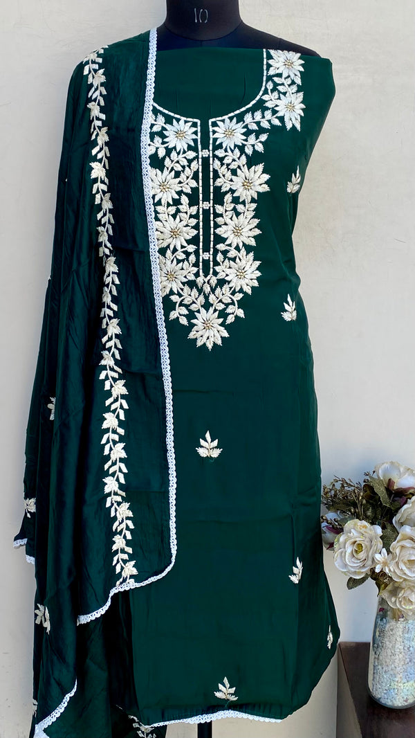 Designer Embroidered Suit Length 3 Piece Bottle Green Mal Chanderi