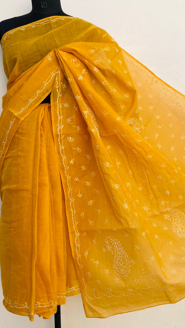 Lucknowi Chikankari Saree Mustard Cotton