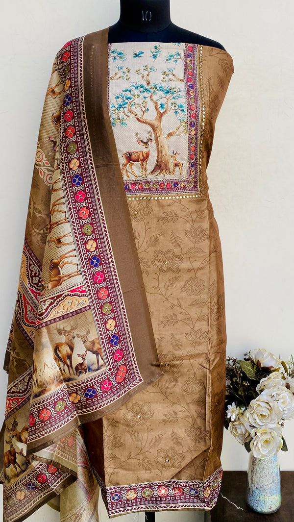 Designer Embroidered Suit Length 3 Piece Brown Mal Chanderi With Stone Work