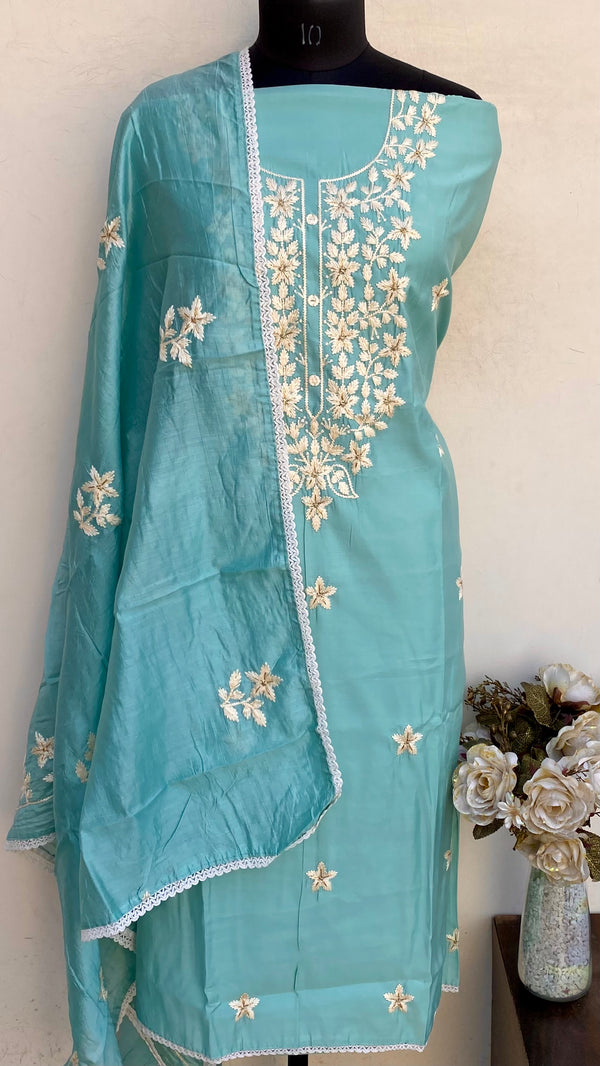 Designer Embroidered Suit Length 3 Piece Blue Mal Chanderi