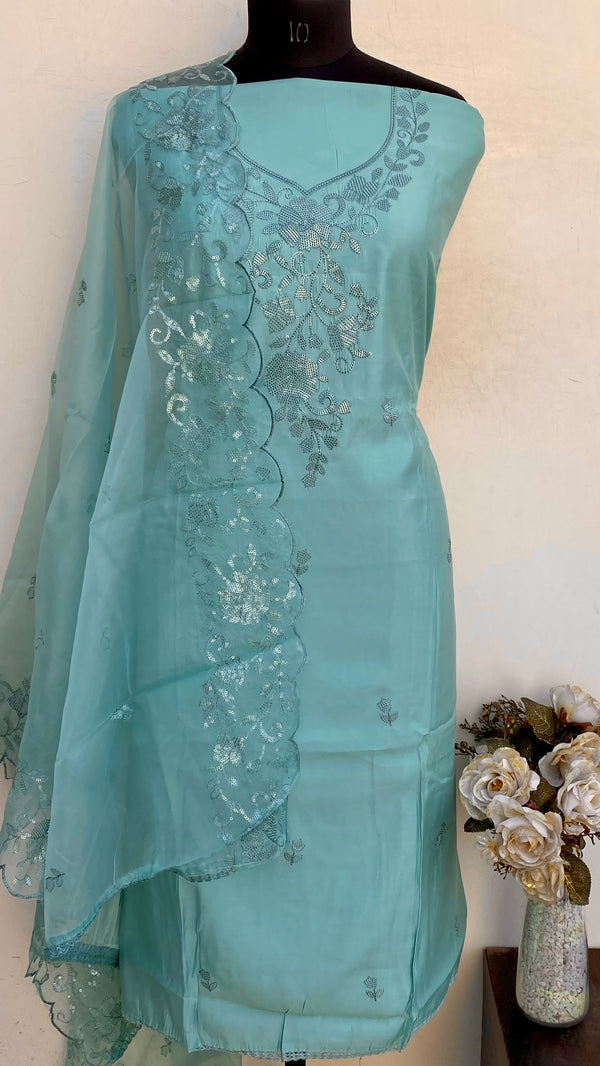 Designer Embroidered Suit Length 3 Piece Blue Mal Chanderi