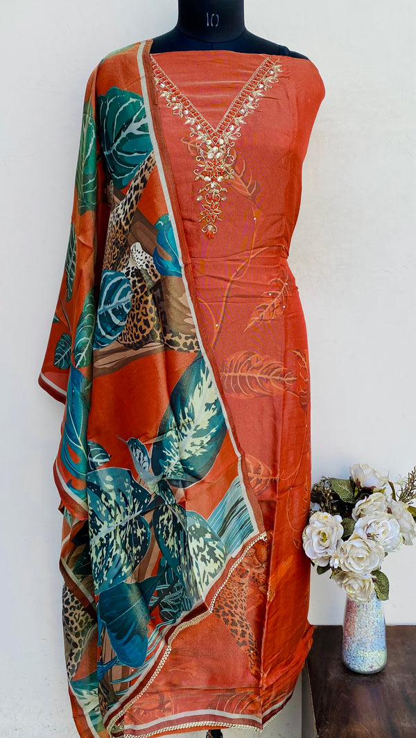 Designer Embroidered Suit Length 3 Piece Copper Tissue With Cutdana & Sequence Work