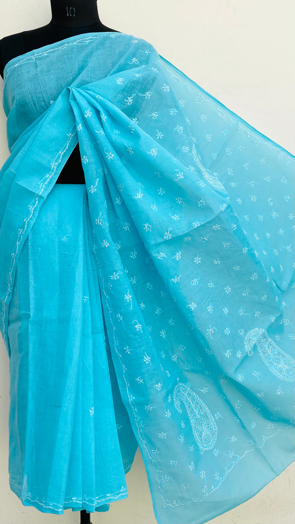 Lucknowi Chikankari Saree Blue Cotton