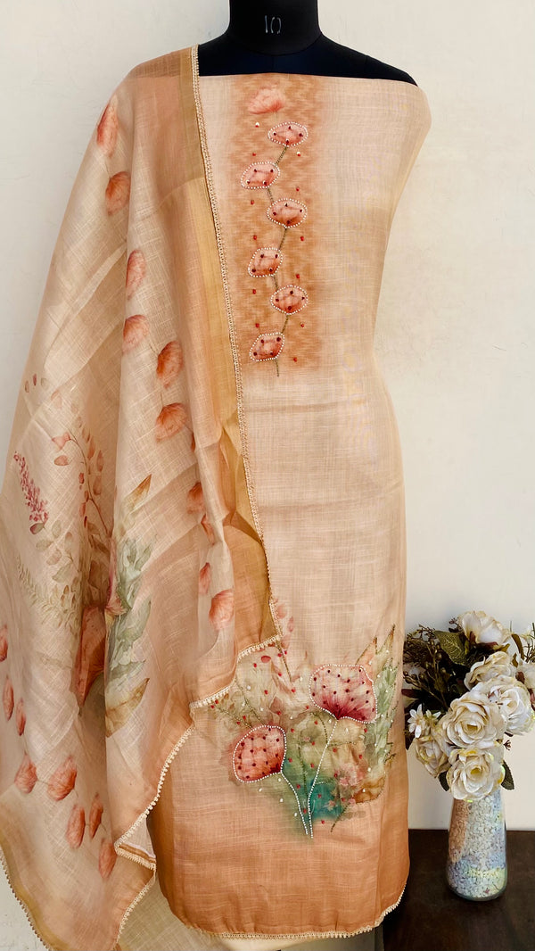 Designer Embroidered Suit Length 3 Piece Beige Linen With Pearl, Cutdana & Sequence Work