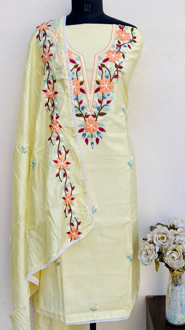 Designer Embroidered Suit Length 3 Piece Cream Mal Cotton With Parsi Work